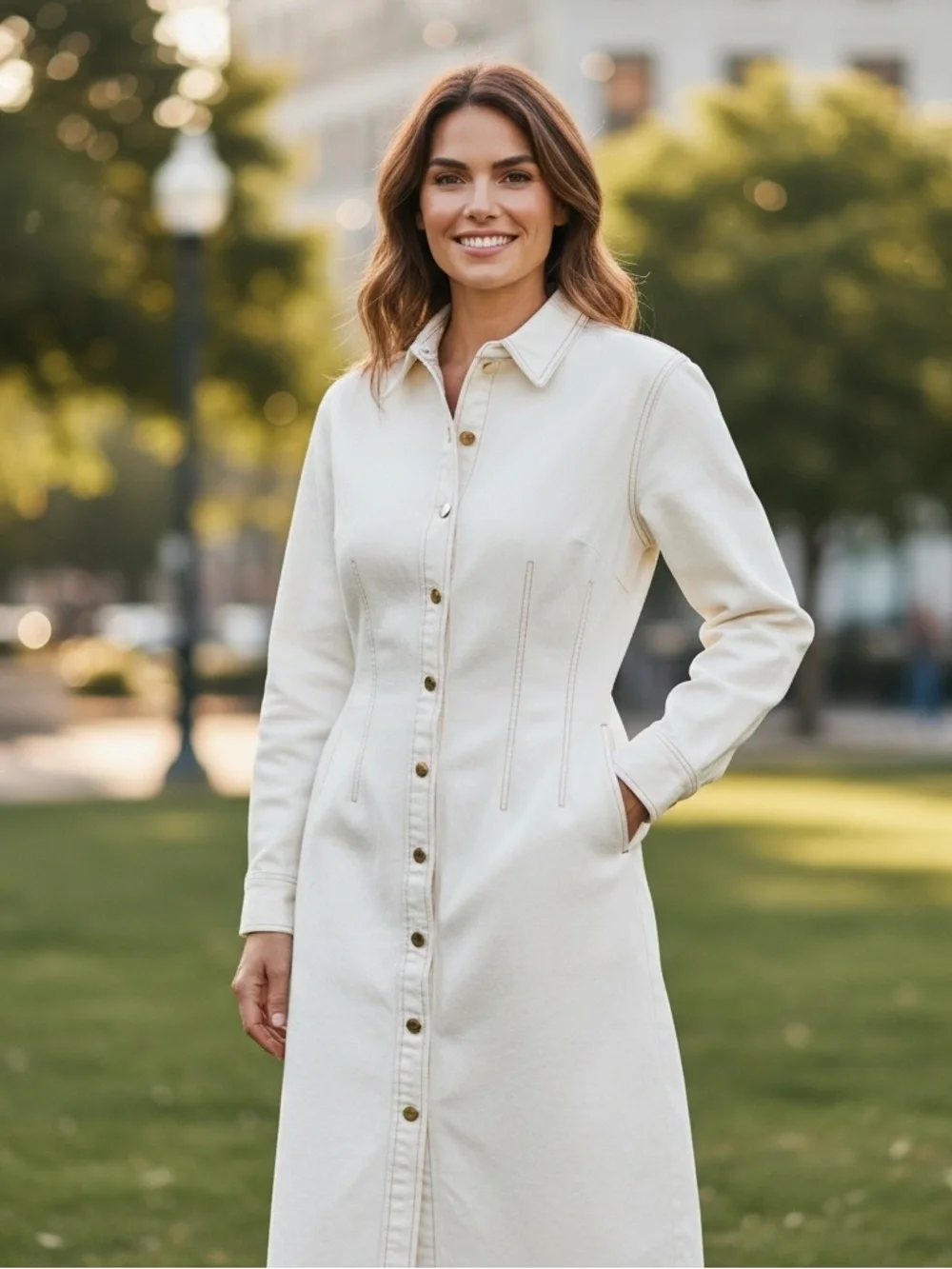 Tory Burch Denim Like Cream Color Full Front Snap Closure Shirt Dress | EUC